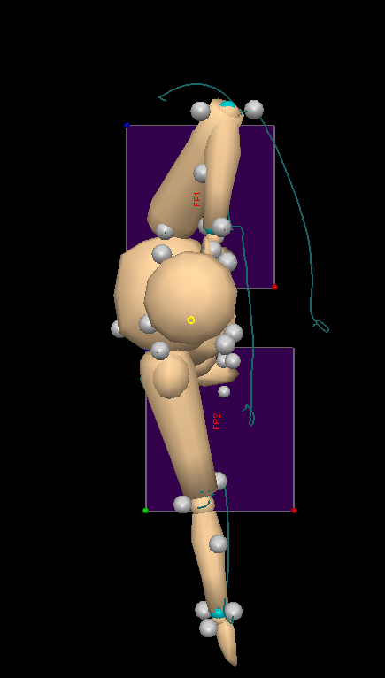 A static overhead image showing an archer's form using three-dimensional modeling and motion capture points on a subject's body.
