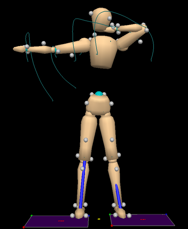 A static side-profile image showing an archer's form using three-dimensional modeling and motion capture points on a subject's body.