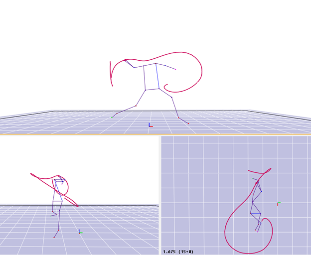 A sequence of 3d models created using motion markers to capture a baseball pitch in action.