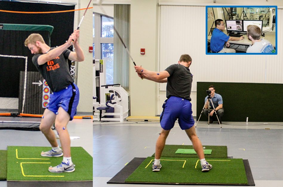 Two side-by-side images of a person wearing motion tracking markers as they perform a golf swing for 3D motion analysis