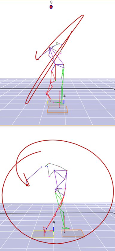 Two static images stacked vertically demonstrating a stick figure showing the captured motion analysis of their golf swing.