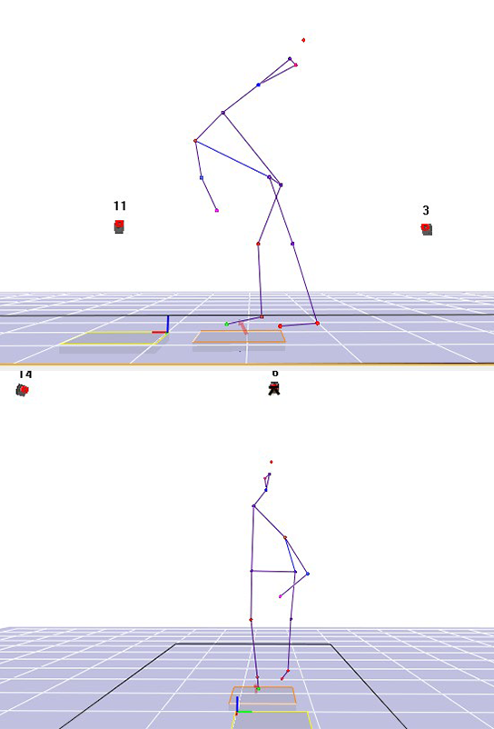 A sequence of two 3d models created using motion markers to capture a softball pitch in action.
