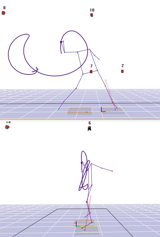 A sequence of two 3d models created using motion markers to capture the full range of motion for a softball pitch in action.