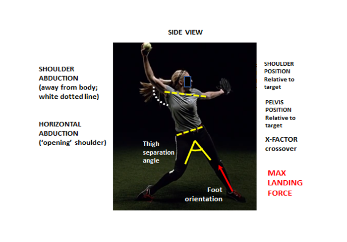 A freeze-framed photo diagram labeling the various positions of a softball player's body as view from the side to determine max landing force.
