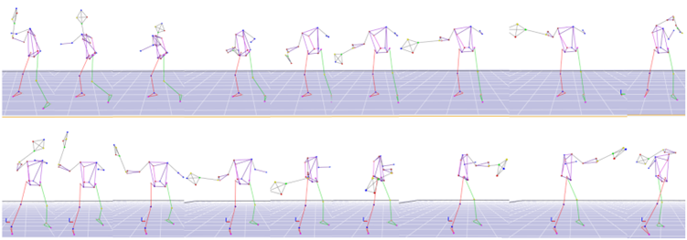 A series of static images showcasing the progression of tennis forehand produced by the subject wearing motion capture markers.