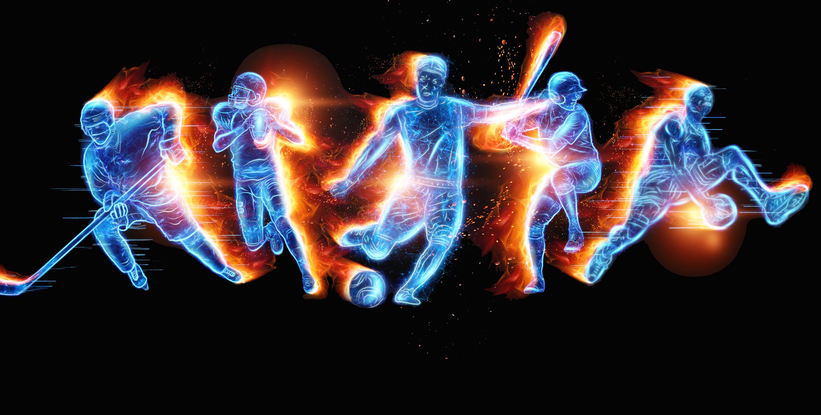 An image of several athletes in mid-action pose in a blue translucent ice layer while each player is enveloped in flames showing their fiery spirit as they return to their beloved sport.