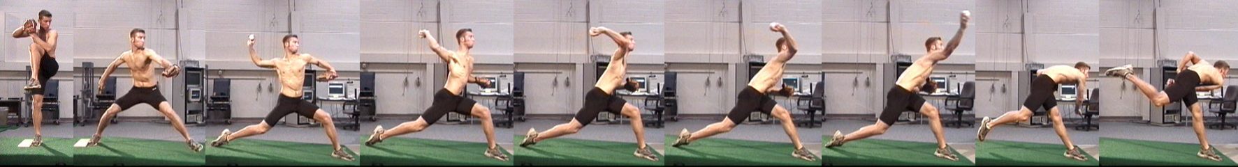 A freeze frame progression of shots showing a baseball pitch in motion.