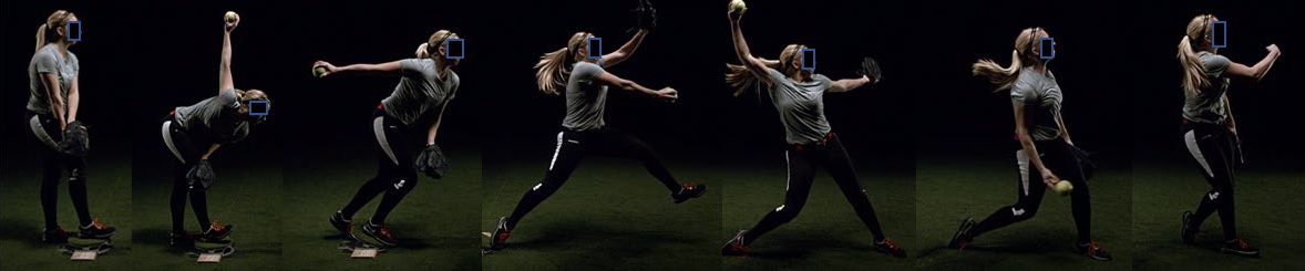 A freeze frame progression of shots showing a softball pitch in motion.