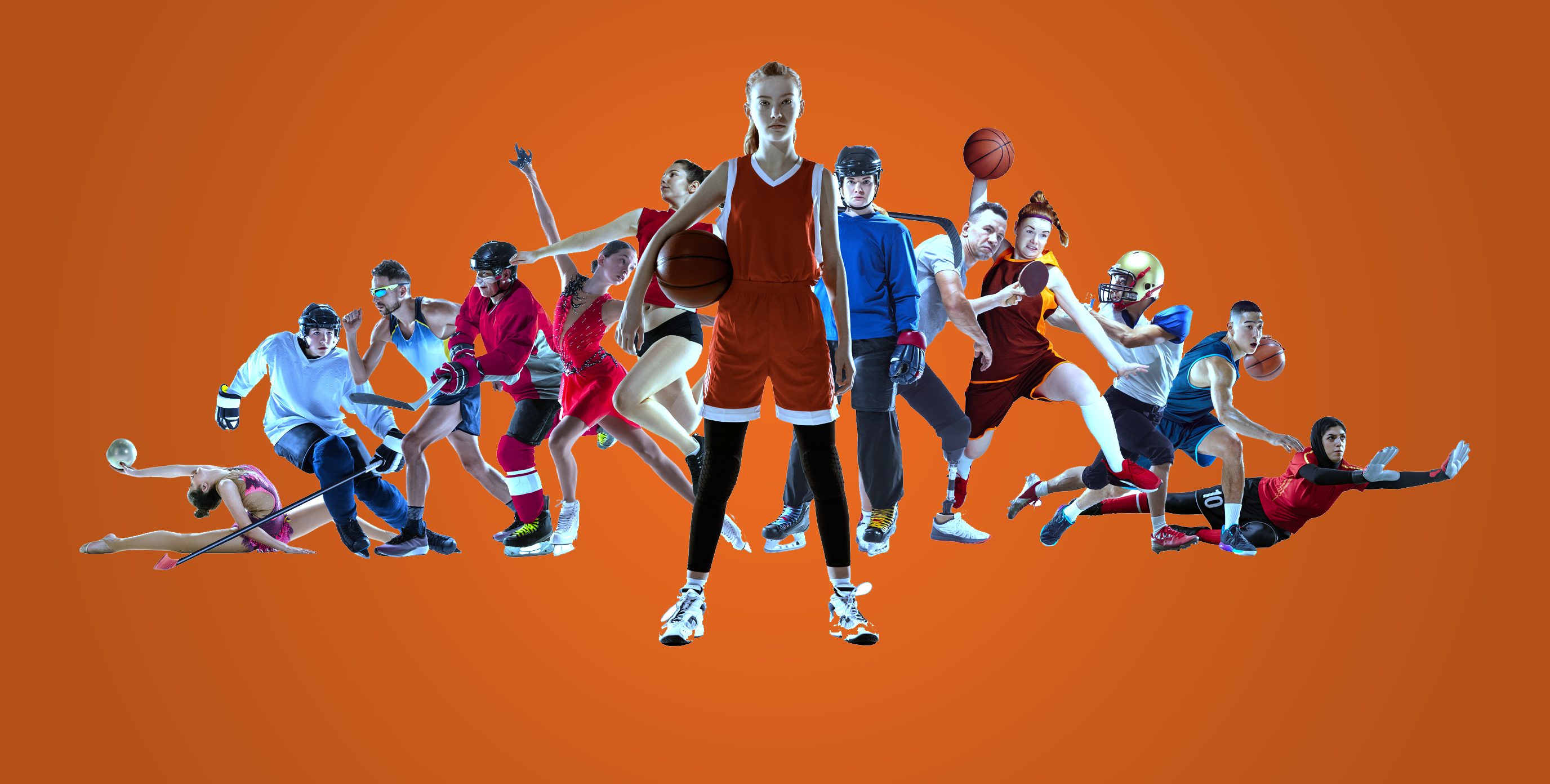 An image of various athletes in sport action poses on a bright orange background.