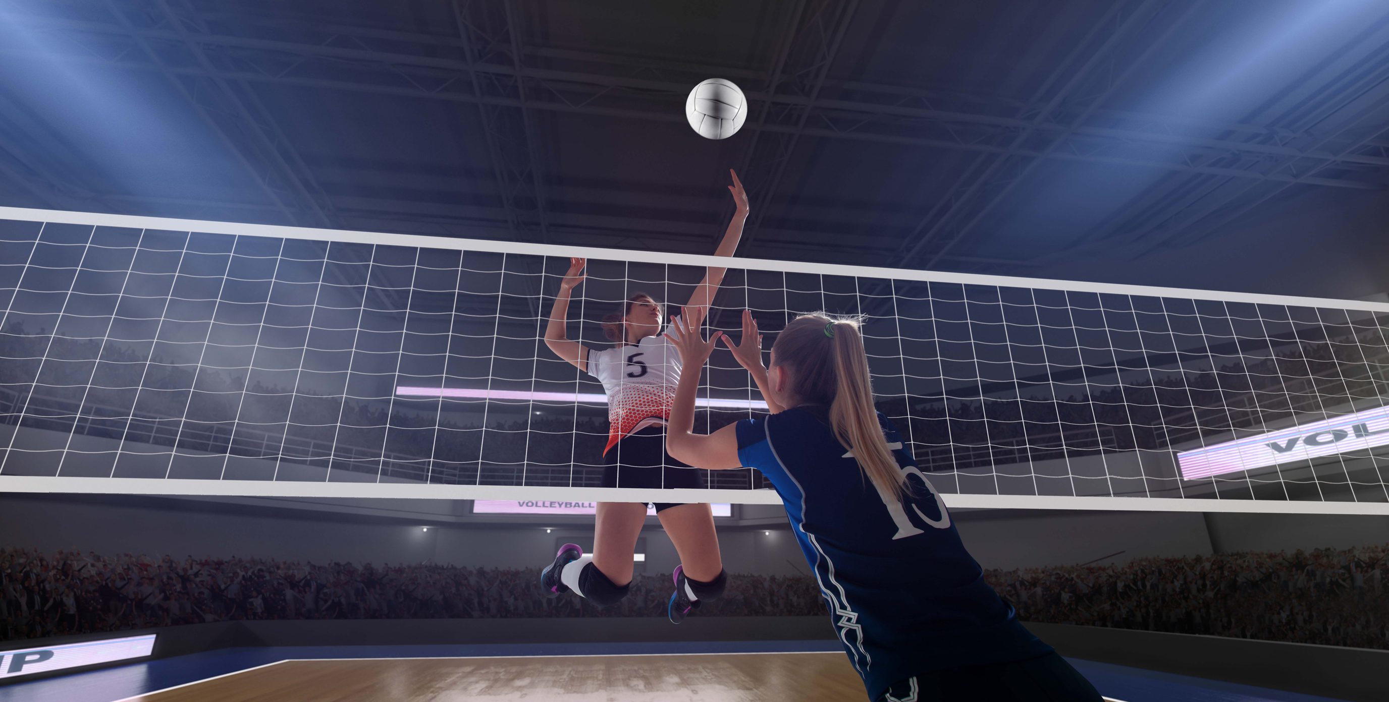 Two womens volleyball players face off as the white team prepares a volleyball spike and the blue team prepares for defense.